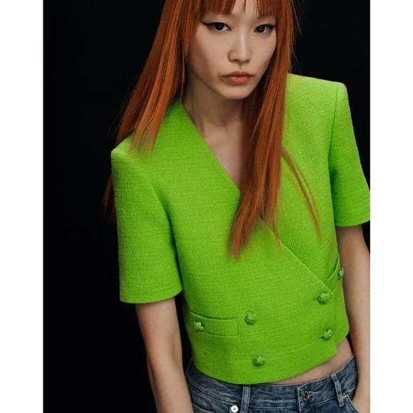 ZARA [ 2 PIECES ] SKIRT SUIT BLAZER + SKIRT SET TEXTURED GREEN
